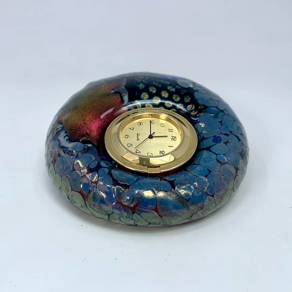 Vtg Art Glass Paperweight Clock Hal Wahlborg Studio Abstract Blue 4.5